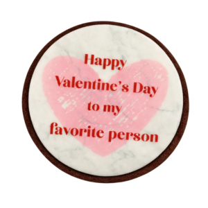 Sample Classy AF cookie featuring red script on a pink heart background saying "Happy Valentine's to my favorite person."