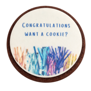 Sample Classy AF cookies saying "Congrats, want a cookie?" with confetti on a white background.