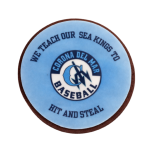 Sample Classy AF cookie saying "We teach our Sea Kings to hit and steal" featuring the logo of a local youth baseball team on a blue background with blue script.